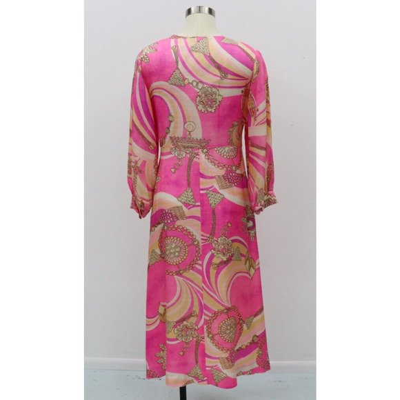 Vintage DELA-ANN Novelty Pink Glam Jewelry Print Lounge Kaftan Dress 1960's M - Picture 7 of 16